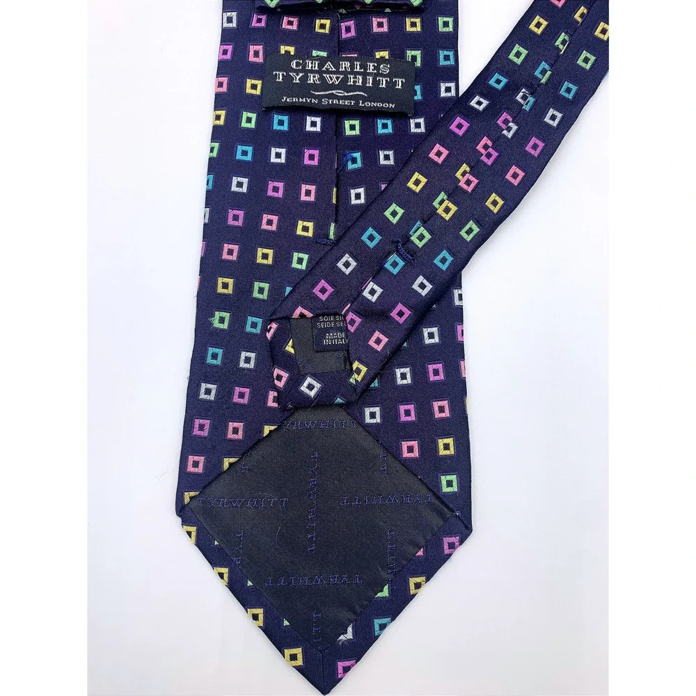 Charles Tyrwhitt‎ Navy Silk Tie Geometric Square Pattern Made in Italy Mens
